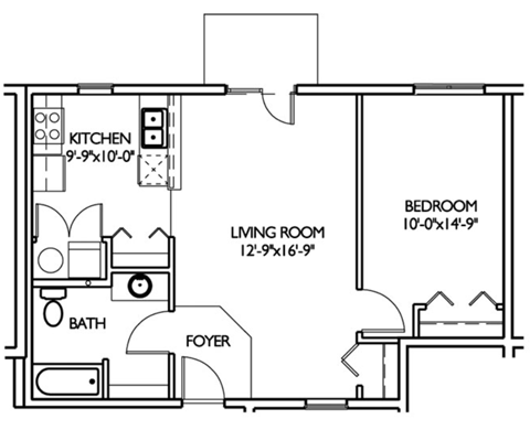 Floor plan for 1 bed, 1 bath, 1100 sqft